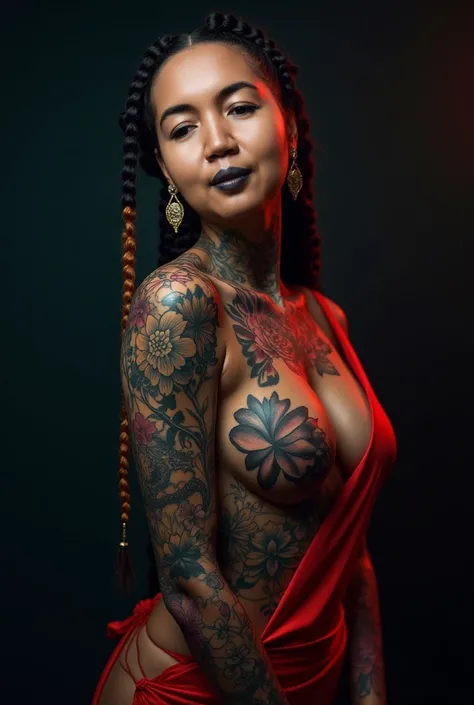 Arafed stunning matured Malay woman wearing batik sarung. Seductive sensual intimate pose. Creates a tattoo on a womans left and right arm, a large peony climbing up the neck and never, descending a wayang kulit tattoo in large black work along with a drag...