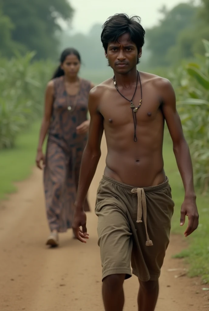 A young man, Ramu, is cautiously walking towards the woman. He looks hesitant, his face showing signs of both fear and concern. He is wearing simple, rural clothes, and his body language reflects unease.
