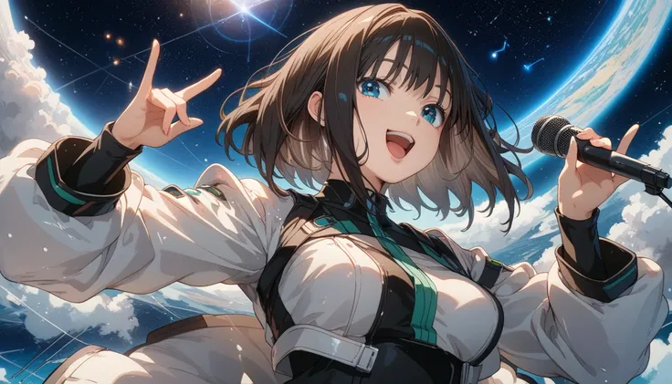 A futuristic anime girl singing with short bob cut, dark black, black shaded hairs, straight view looking towards the mick and singing, anime girl singing, wearing space suit, singing gesture and happy expression of face, beautiful face, shibuya rin, holdi...