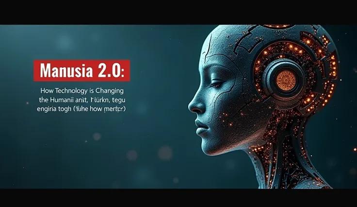 make me a really cool youtube thumbnail from the title: Manusia 2.0: How Technology is Changing the Definition of Humanity
give Indonesian text in the thumbnail image: "Manusia 2.0: What Does it Mean to Be Human?"

"Evolution or Loss of Soul?"

"Technology...