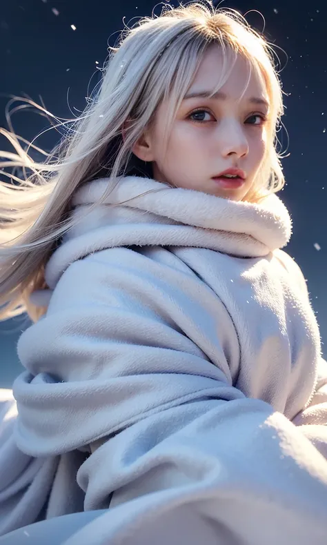 (   staring at something、Diamond dust flutters、Cream-colored hair、 Heavy snowfall area  、 snow is falling 、  blue eyes、  blue eyes、white winter clothes  、 watching the night sky in frigid regions 、Im wearing a fluffy red scarf、 her breath is white expressi...