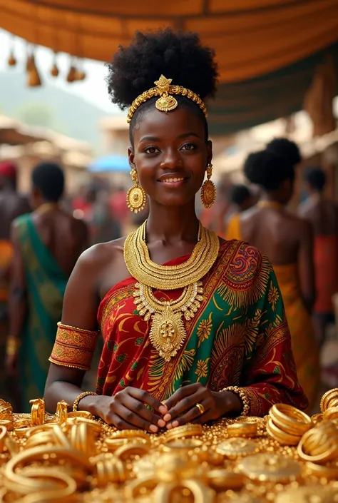 A beautiful Nigerian woman selling gold at the local market 