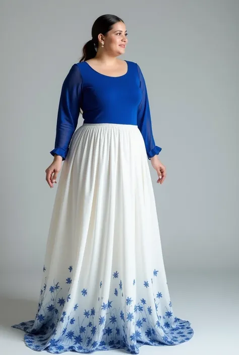 suggest me a picture of a dress with a blue short top made with crepe fabric and long sleeves and not a super long white bottom that has blue small flowers and reaches the waist, the top also has few decorations similar to the fabric of the bottom in the s...