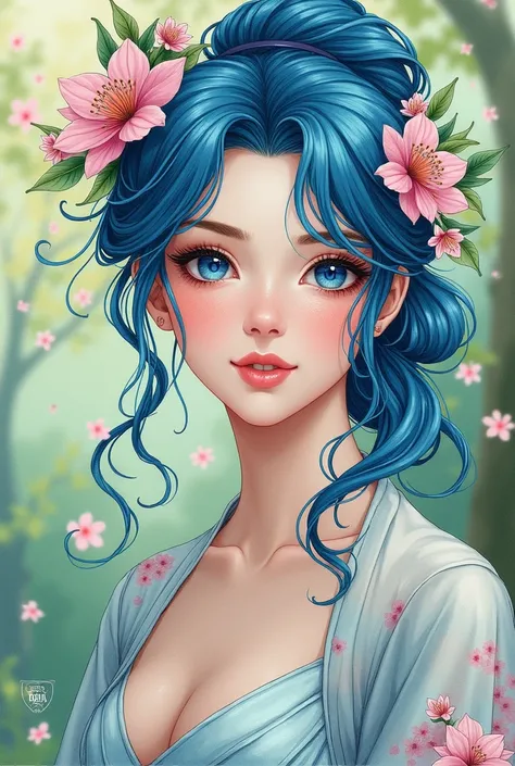 (best quality),(masterpiece:1.2), (colorful:0.9), (ink splashing),(color splashing),((watercolor)), clear sharp focus, model shot,, (portrait goddess of spring:1.5), cute expression,elegant blue colored hair, beautyfull detailed face and eyes, elegant godd...