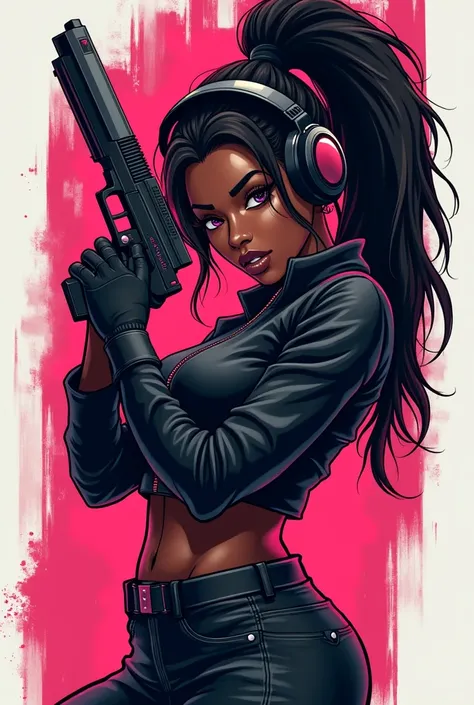 Create a logo of a sexy black gamer girl posing with a gun, with the legend Xonguile 