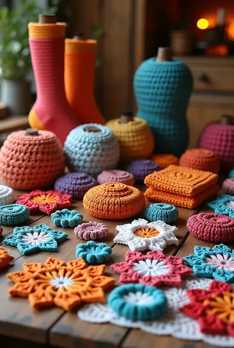 Display of a bunch of crochet Merchants(eg-socks, table mats, table runner and so on). Make it for a business purpose facebook page. If possible u can inscribe "কুশিকাটার দ্রব্য" somewhere, which is the commercial name of the crochet business!