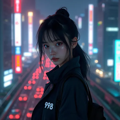 a pretty japanese teen in tokyo highway, wearing a black jacket with 978 logo.