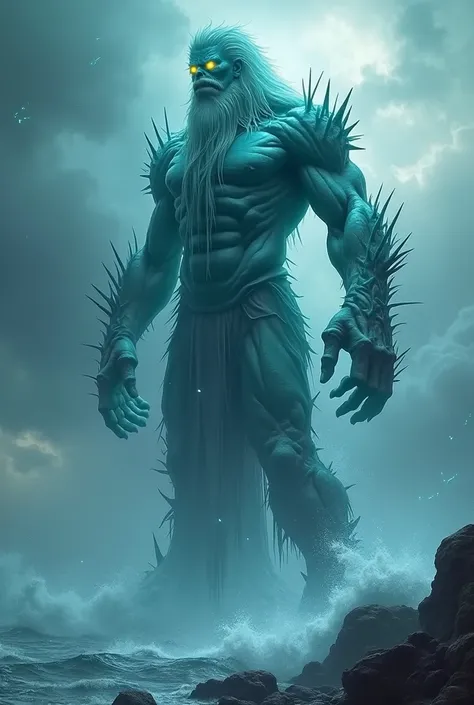 "A colossal water god giant, towering over the ocean with a body made of swirling waves and mist. The giants skin appears as if its crafted from liquid, constantly shifting between dark ocean blue and translucent seafoam green. Massive, glowing eyes shine ...