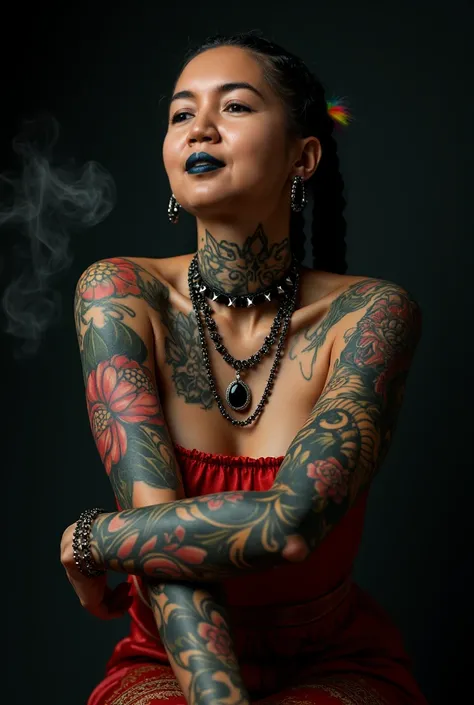 Arafed stunning matured Malay woman wearing batik sarung. Seductive sensual intimate pose. Creates a tattoo on a womans left and right arm, a large peony climbing up the neck and never, descending a wayang kulit tattoo in large black work along with a drag...