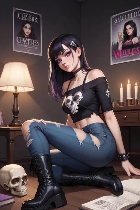 A young woman of 18 sits cross-legged on the floor of a dimly lit, gothic-inspired apartment. Her long, straight black hair flows down her back, contrasting against her all-black attire: a fitted black top, ripped jeans, and heavy combat boots. Violet eyes...