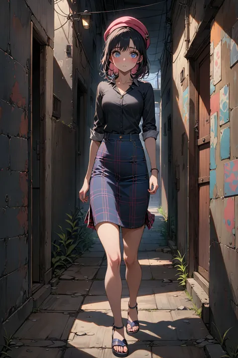 pretty young woman is walking, dizzy expression, at abandon alley,  BREAK, {+forehead, medium hair, half up half down, black hair, red wool hat}, BREAK,  wearing black-gray 3/4 sleeves deep neck shirt, pencil mini skirt (+mixed between navy-blue denim skir...