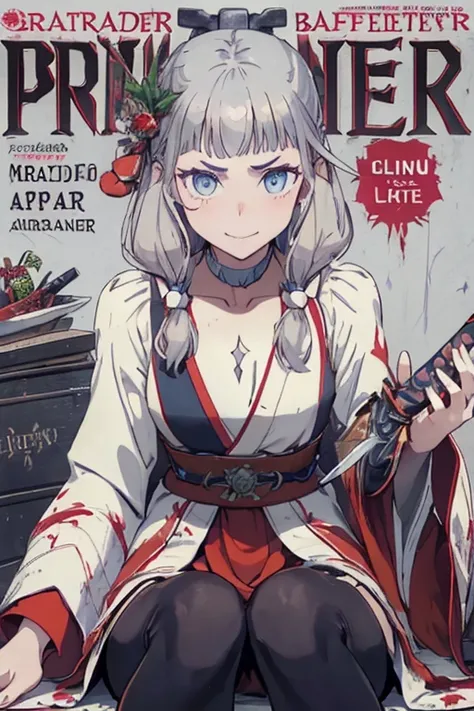 (from below:1.2),((1girl, silver hair, long hair, qutel blue eyes, beautiful eyes, pretty smile:1.5, ), (santa clothes, santa hat, black tights, santa boots), (((holding ominous japanese sword:1.3 ))), ((battlescene,slashilg,killing the mafia,blood splash)...