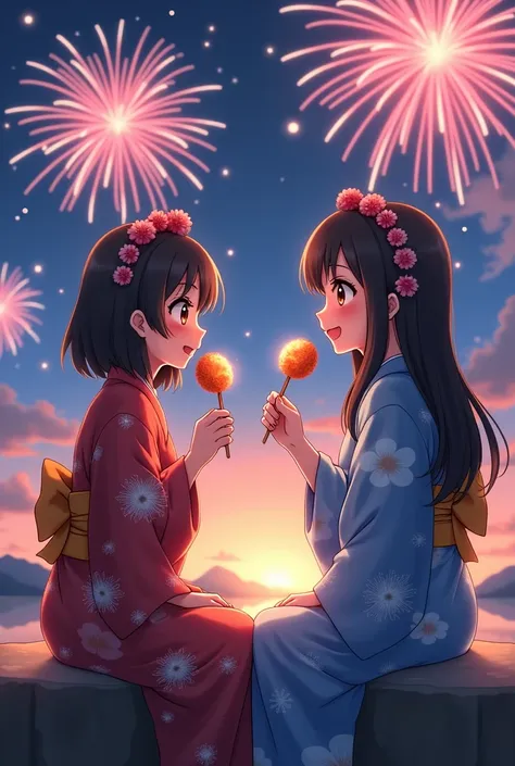 A pair of cute couple ，Wearing a yukata, girls decorated headbands sitting on a stone at a fireworks party ,Maruko inserted into a bamboo skewer and sent maruko to a girls mouth Woman smiling at fireworks anime style HD background with fireworks colored li...