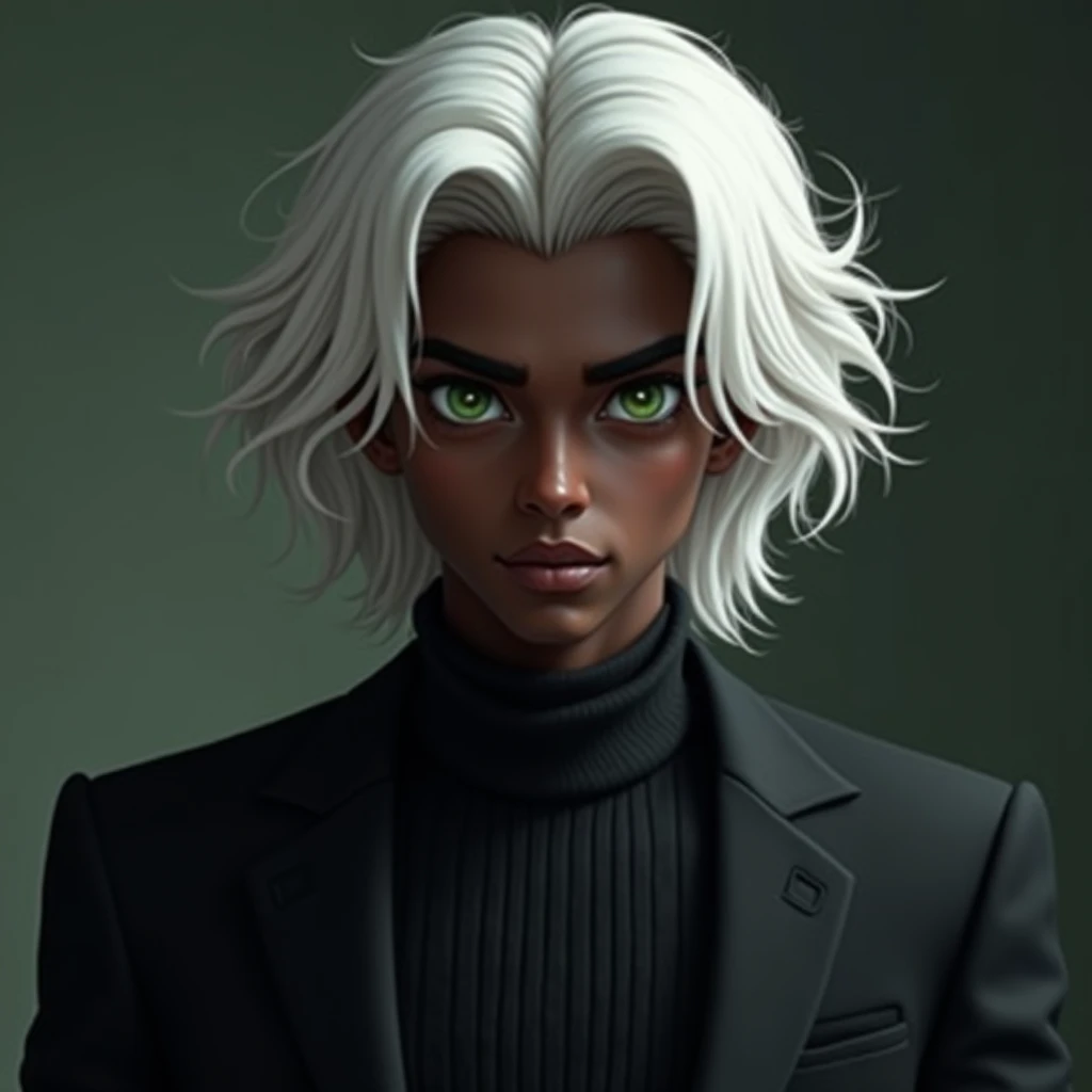 20 year old boy, dark black skin, green eyes, LONG UNDULATED WHITE HAIR,  wearing a black suit, adult,  REALISTIC HIGH RESOLUTION DESIGN , SLIM REALISTIC PHOTO STYLE , 4K RESOLUTION ,  WESTERN FACE handsome man delicate and thin face ,  in front 