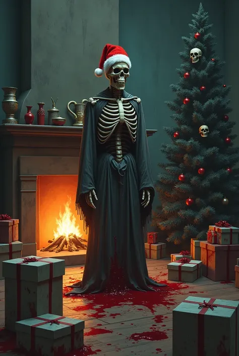  A skeleton in a Christmas hat and gift boxes with blood scattered on the floor, with a fireplace background and a Christmas tree with skulls hanging 