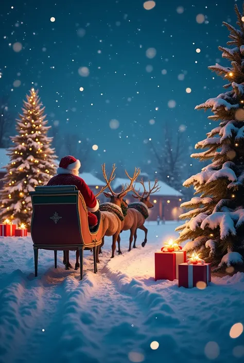   Santa Claus is seen on his sleigh pulled by reindeer  ,   A Christmas scene magical with twinkling lights {x} a snowy landscape and beautifully wrapped gifts arranged under a twinkling Christmas tree.  In the background ,   creating a warm and festive ho...