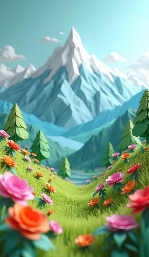 Generative AI 3d photorealist, Beautiful papercraft landscap of mountain and Flowers origami style background.