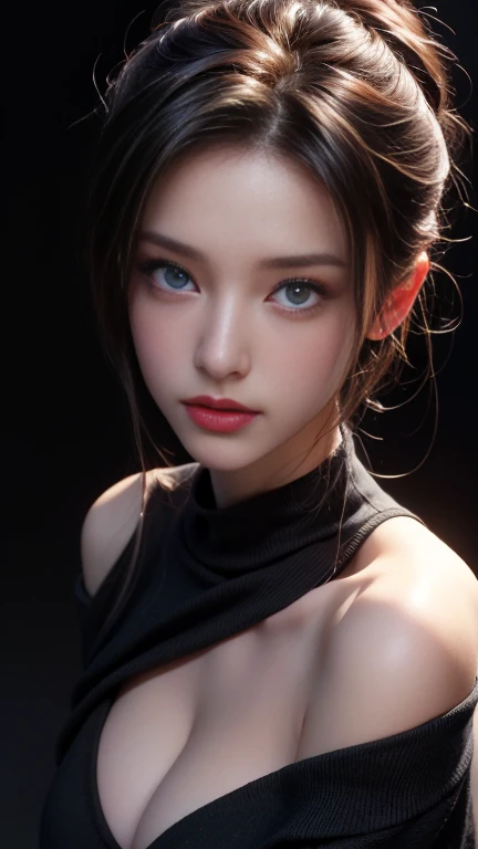 ultra high res, masterpiece, best quality, perfect glossy shiny skins, perfect lighting, detailed lighting, dramatic shadows, ray tracing, black sweater, looking at viewer, off shoulder, Big breasts, Exposed cleavage, blue Eyes, nsfw, ((Dark background)), ...