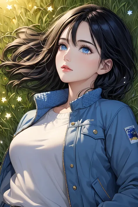  (masterpiece,  best quality, 8k,  high definition), whole body,  1 woman ,  medium-length black hair, Mid-chest,  soft blue Eyes ,  soft lips , Beautiful face,  wearing casual clothes and a fall jacket,  natural light,  detailed background,  Detailed Illu...