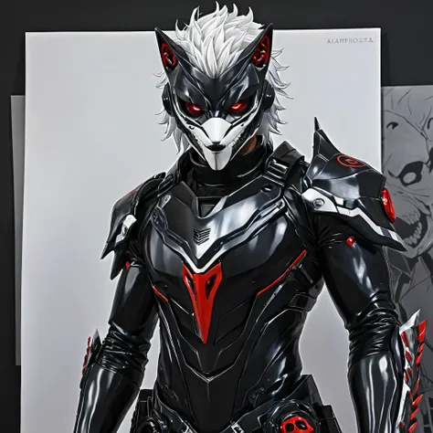 pintura de um homem em um uniforme preto com uma máscara de lobo branco, an antropomórfico cyberpunk fox, antropomórfico wolf, an antropomórfico wolf, !!!antropomórfico!!!, simetria!! retrato de hades, obras de arte hylics, !antropomórfico!, adrian borda, ...