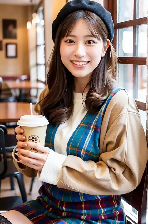 (masterpiece, best quality, perfect anatomy, highres, 8k, realistic, photorealistic, natural skin texture, no makeup:1.2), 1girl, solo, Japanese, age20, very cute, stylish female university student, (large breasts:1.4), winter vibes, sitting at a cozy café...