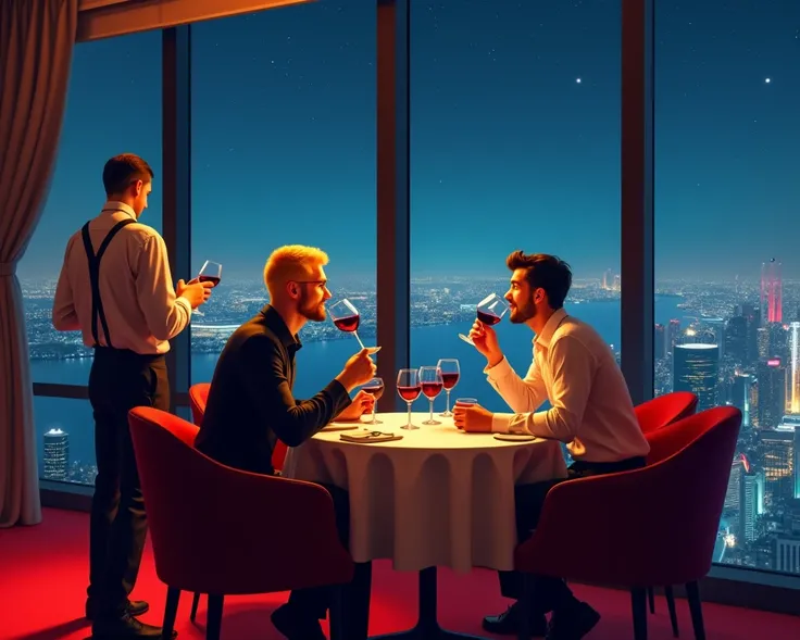 A man in his 20s with yellow hair and a man in his 20s with a Garma pump while drinking red wine accompanied by a waiter at a restaurant with a view of the starry night sky on a high-rise building with red carpet while listening to the passionate songs of ...