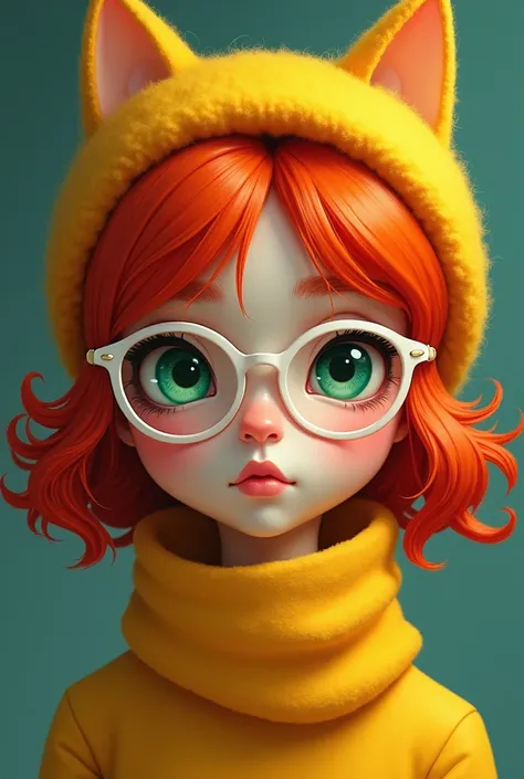 Portrait of a woman with green eyes, wearing a yellow scarf, wearing a yellow cat hat, red hair with red eyes, wearing white glasses