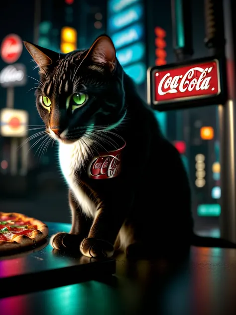 A close-up picture of a cat with Coca-Cola and pizza in the futuristic cyberpunk neon tron world, cyberpunk city landscape, detailed intricate architecture, glowing neon lights, studio lighting, moody atmosphere, cinematic composition, vivid colors, 8k, ph...