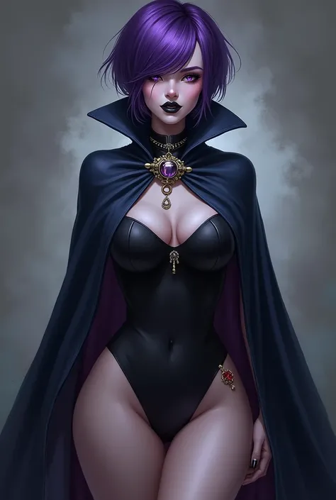 (Shadman art:1.2), 1girl,solo,RavenTT, dynamic post ,navy-blue cloak, brooch, leotard, belt,short hair,purple hair, purple eyes,black lipstick,grey skin,curvy,wide hips, nude