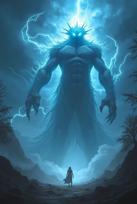 "Create a towering, mythical wind god monster standing amidst swirling storm clouds. The creature is a fusion of raw elemental power and divine majesty. Its enormous, semi-translucent body glows faintly with an ethereal blue hue, as if sculpted from mist a...