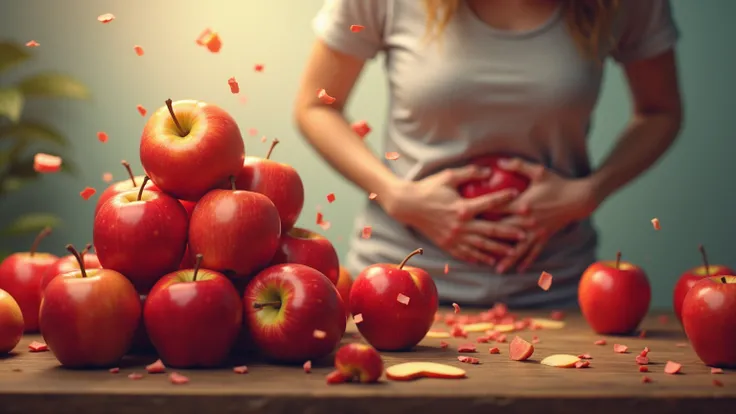 "An illustrative and cautionary image symbolizing the potential downsides of overeating apples. The composition features an exaggerated stack of glossy red apples on a plate, overflowing onto the table. Beside the apples, a figure is shown holding their st...