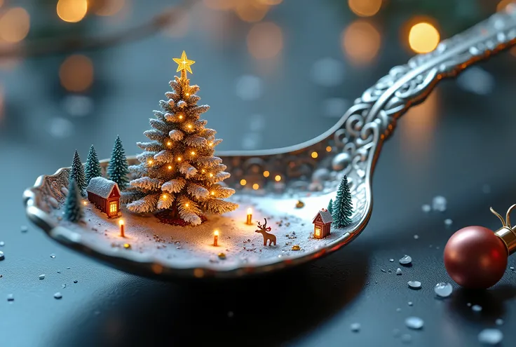 Christmas scenery is reflected on a beautiful antique spoon、Amazing detail、 Surprisingly ingenious、 Fantastic、Dynamic Details 、bright blur 