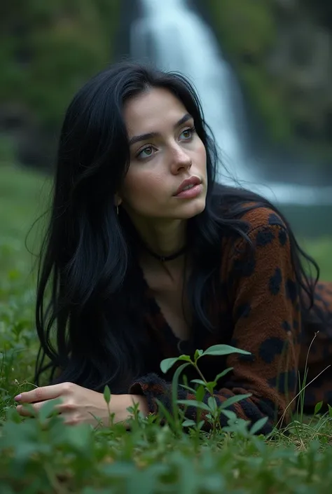 A woman with long black hair,she will wear a hides,She will be lying on the grass of an enchanted garden and there will be a magical waterfall near her.,I want a kind of secret garden vibe and it&#39;s kind mysterious 