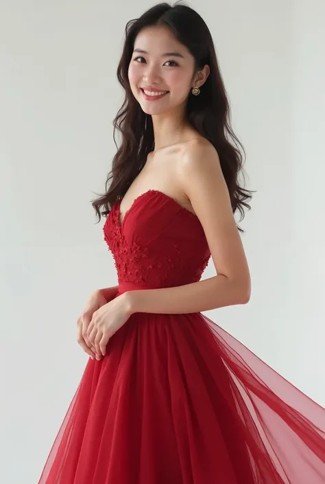 VIETNAM BEAUTIFUL GIRL WEAR DRESS red burgundy colo, 4k, masterpiece,, stunning beautiful idol detailed face, all body , (vietnam model girl), nsfw, light smile, make up, ((white color backdrop))