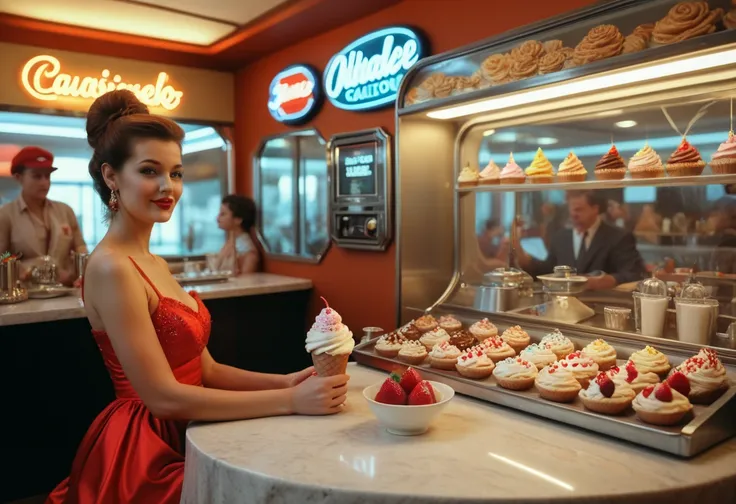 A beautiful girl in a retro 1950s style dress, sitting in a vibrant 1950s ice cream parlor, surrounded by classic desserts such as sundaes, milkshakes, and pastries, (best quality,4k,8k,highres,masterpiece:1.2),ultra-detailed,(realistic,photorealistic,phot...