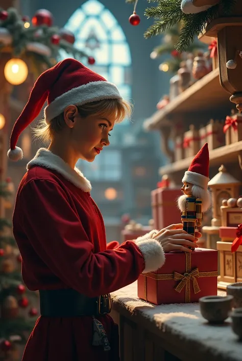 Cinematic image of an elf working in a Christmas workshop at the futuristic North Pole.  The elf is placing a wooden nutcracker doll in the gift box . The factory is beautiful, it has 2 floors and some toys  