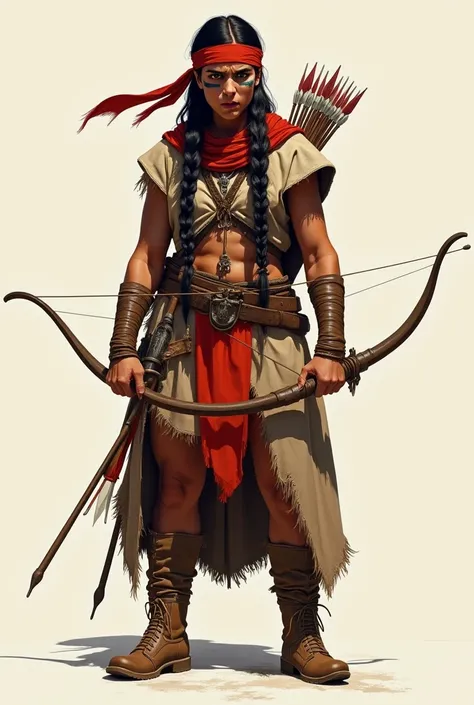 Create an illustration of a full-length Indigenous woman from the Cree tribe, with an angry expression, wearing a cloak over her body, with a red scarf tied around her head, braids in her hair, tribal paint on her face, leather boots, and wielding a bow an...