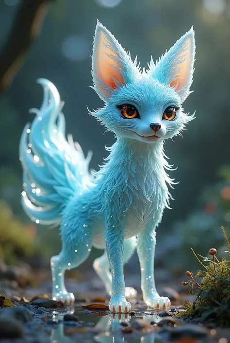 Give me a picture prompt of a fox and glass mix hybrid and full picture realistic and 4k and shiny