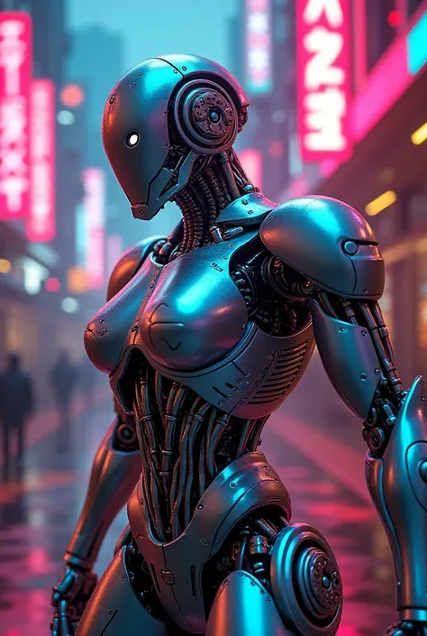 a robot, METAL BODY , Neon lights on the body ,  dynamic posture, ( Best Quality ,4K,8K, high resolution ,masterpiece:1.2),Super Fine,( realist,photo realist,photo- realist:1.37), movie lights, Highly detailed mechanical parts, Delicate metallic texture , ...