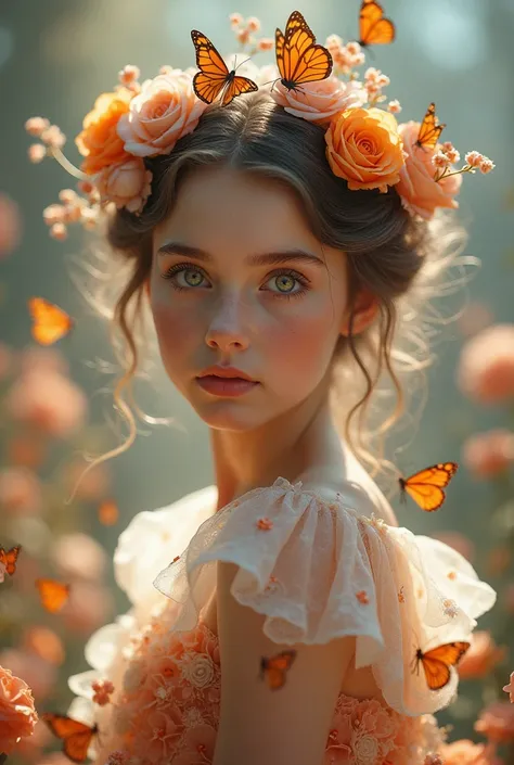 Otherworldly portrait of a  European girl wearing a floral dress decorated with delicate orange butterflies. The scene exudes a magical fairytale ambiance with soft, dreamy lighting. The girls dress is covered in flowers and her hair is beautifully decorat...