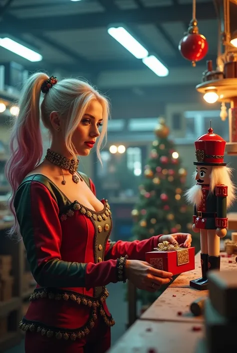 Cinematic image of Harley Quinn with color-haired elf working in a futuristic North Pole Christmas workshop.  The elf is placing a wooden nutcracker doll in the gift box . The factory is beautiful, it has 2 floors and some toys  