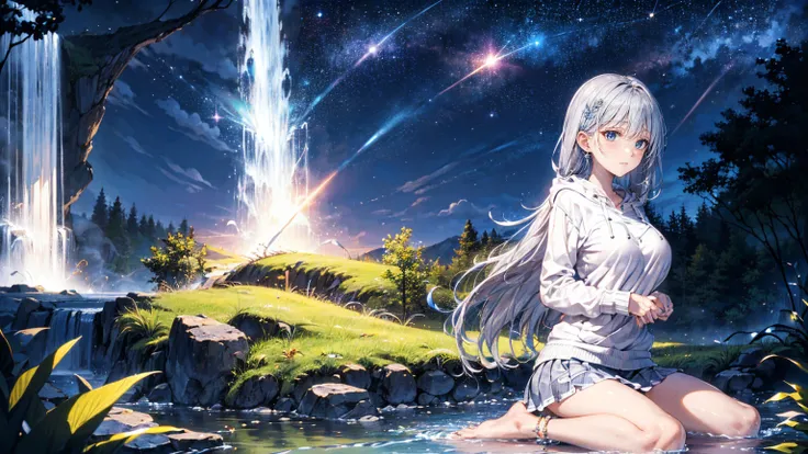 ((River in the forest at night with beautiful stars:1.3)), ((Sitting Wariza in the river in front of the waterfall:1.3)), ((looking away, look up at the starry sky:1.5)), ((Fireflies are flying)), BREAK, ((18-years old)), (silver long hair:1.5), reflective...