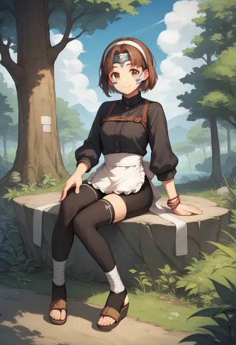 1girl, solo, brown hair, brown eyes, waist apron, short hair, forehead protector, smile, (black shirt:1.1), facial mark, full body, long sleeves, bracelet, konohagakure symbol, headband, sandals, bike shorts, bangs, thighhighs, bandages,anime coloring, ful...