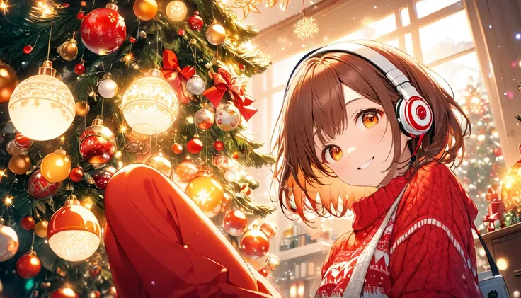 background：Warm interior、 Christmas tree is placed in the center of the room。  
 expressions： holding decorations with a smile 。  
Costume：Red and white sweater and denim 。  
 pose： is looking up from below 、 attaching ornaments to the tree 。  
scene：( bro...