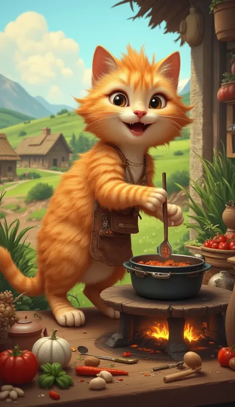 High Resolution, Masterpiece, Award Winning, High Details, A cheerful orange cat cooking food in a rustic village setting. The cat is standing on its hind legs, wearing a small apron, stirring a pot over a traditional clay stove with flames. Surrounding th...