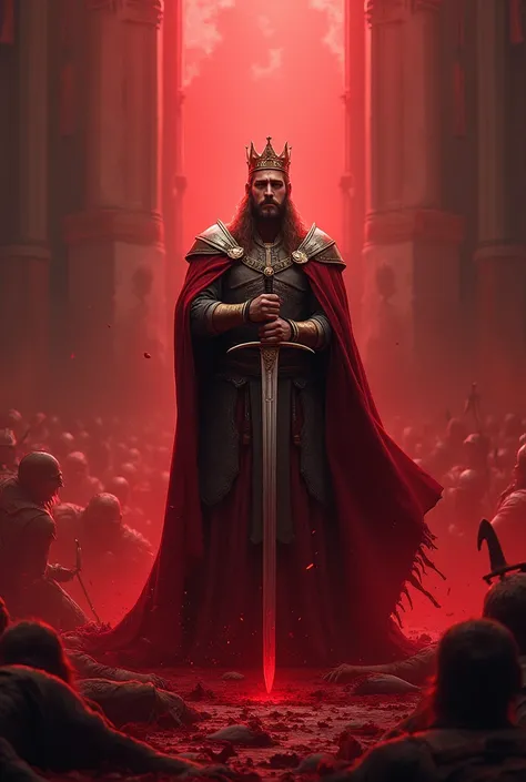 A king in the court with a sword on a bloody  under the red sky