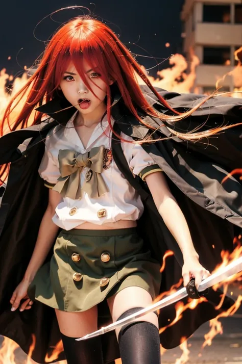 1 girl, cowboy shot, rubble ruins, anger, (battle preparation:1.2), open your mouth, (night:1.2), explosive inflammation,shana, red eyes, redhead, very long hair, hair between eyes, (Ahoge:1.1), explosive flame,abandoned building,rubble serafuku, white shi...