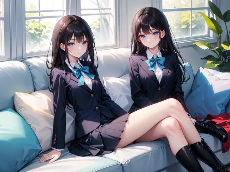  high school students  ， Has long, dark hair ， with warm blue eyes  ，  wears a fresh blue suit ，  pure white collar and bright green bow， Black Boots ， Short black skirt ， has long dark hair and warm blue eyes ， sitting on the sofa ，indoor，living room。