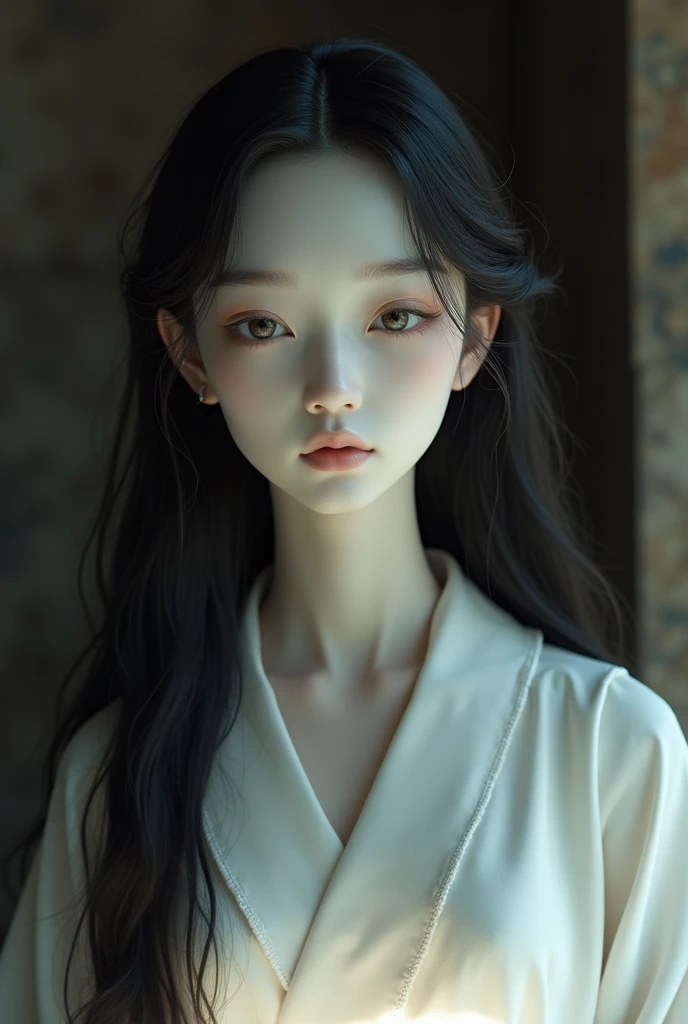 a beautiful idol with skin as white as porcelain and hair as black as coal. The idols face is serene and peaceful, her features delicate and refined. Her skin is as white as alabaster, with a subtle sheen that catches the light. Her hair is long and black,...