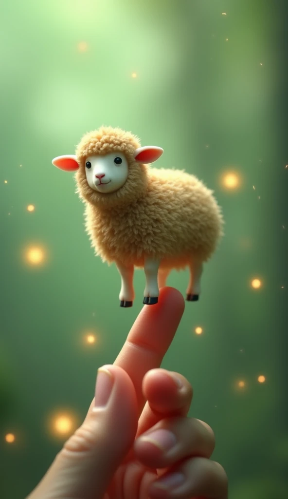 A cute, fluffy sheep with thick brown coat standing delicately on the tip of a mans finger. The background is a soft green blur, creating a dreamy and surreal atmosphere, with glowing fireflies (jugnu) gently floating around in the same green hue. The scen...